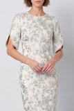 Light Blue Bodycon Round Neck Jacquard Midi Work Dress with Sleeves