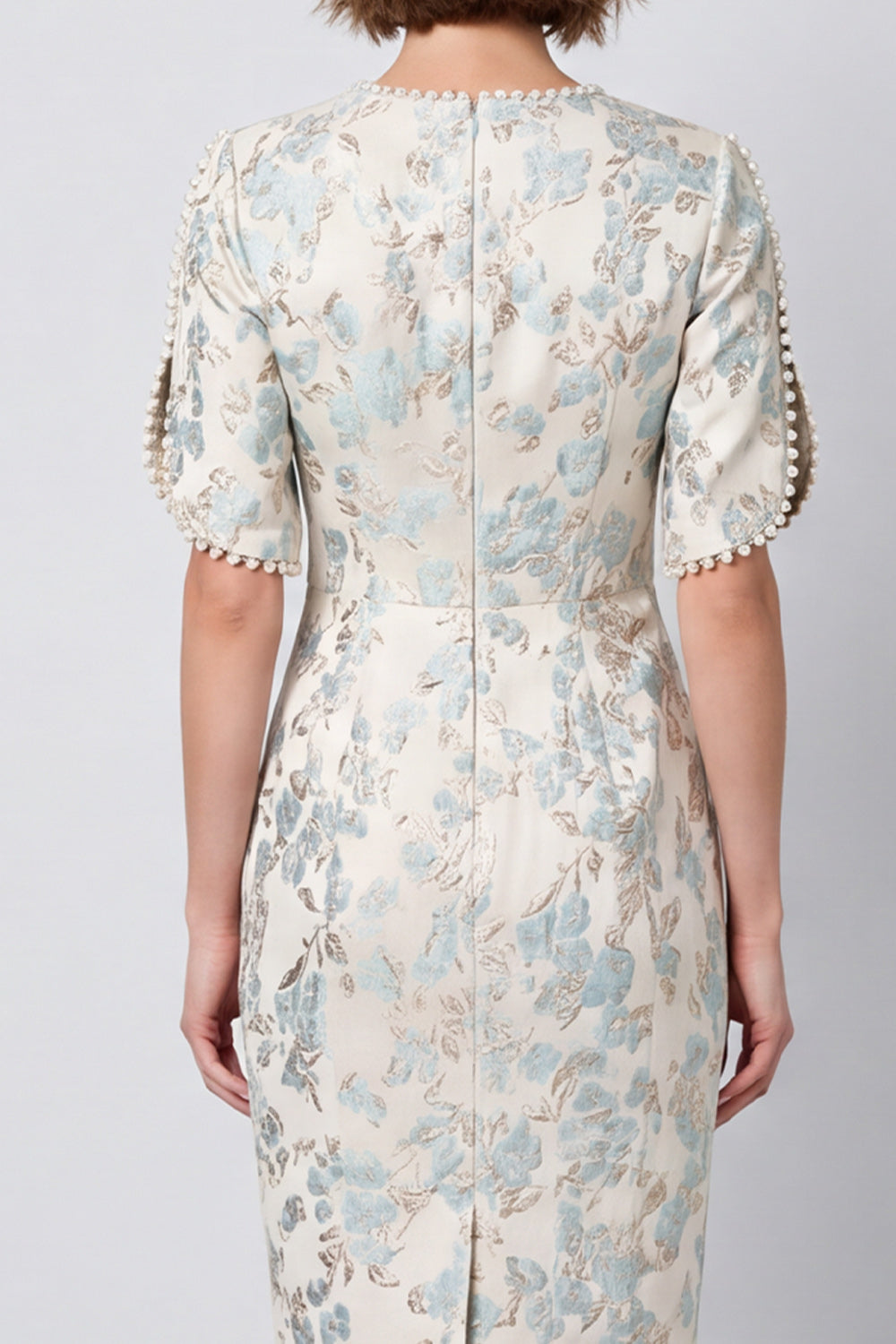 Light Blue Bodycon Round Neck Jacquard Midi Work Dress with Sleeves