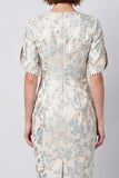Light Blue Bodycon Round Neck Jacquard Midi Work Dress with Sleeves