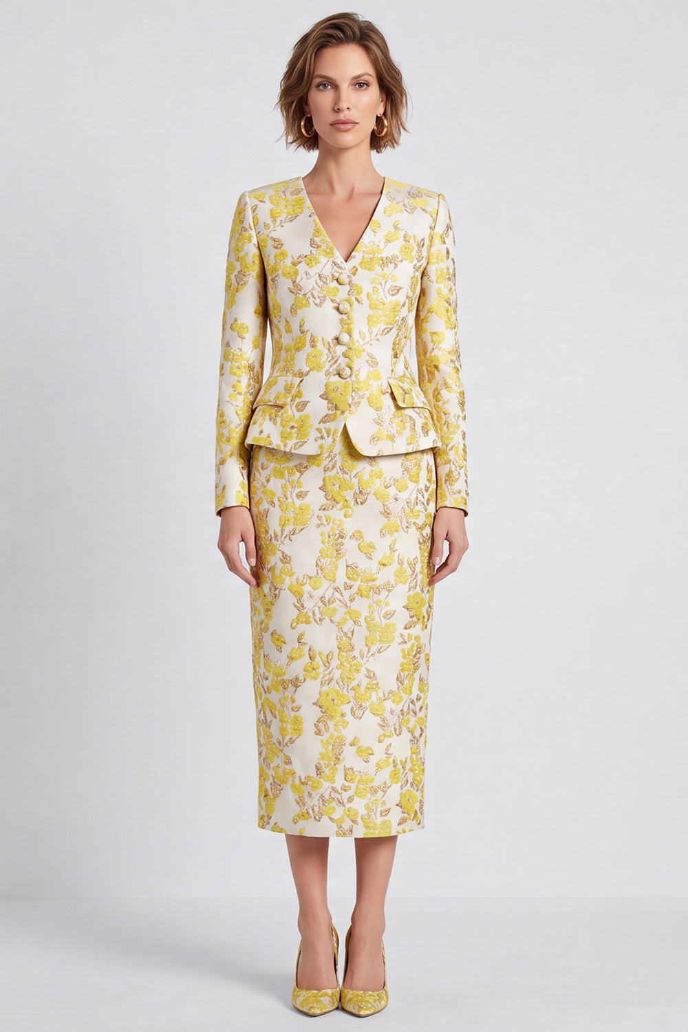 Light Yellow Jacquard Two Piece V-Neck Pencil Midi Women Suits