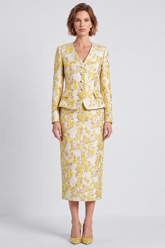 Light Yellow Jacquard Two Piece V-Neck Pencil Midi Women Suits