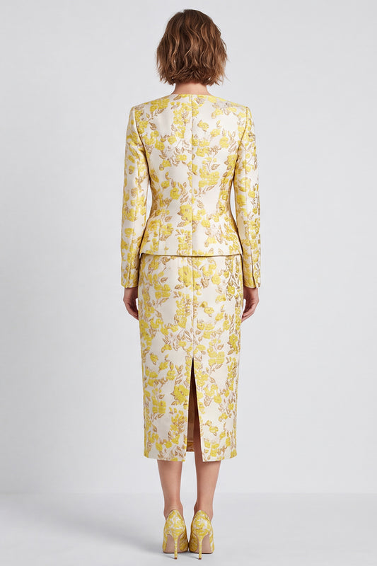 Light Yellow Jacquard Two Piece V-Neck Pencil Midi Women Suits