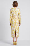 Light Yellow Jacquard Two Piece V-Neck Pencil Midi Women Suits