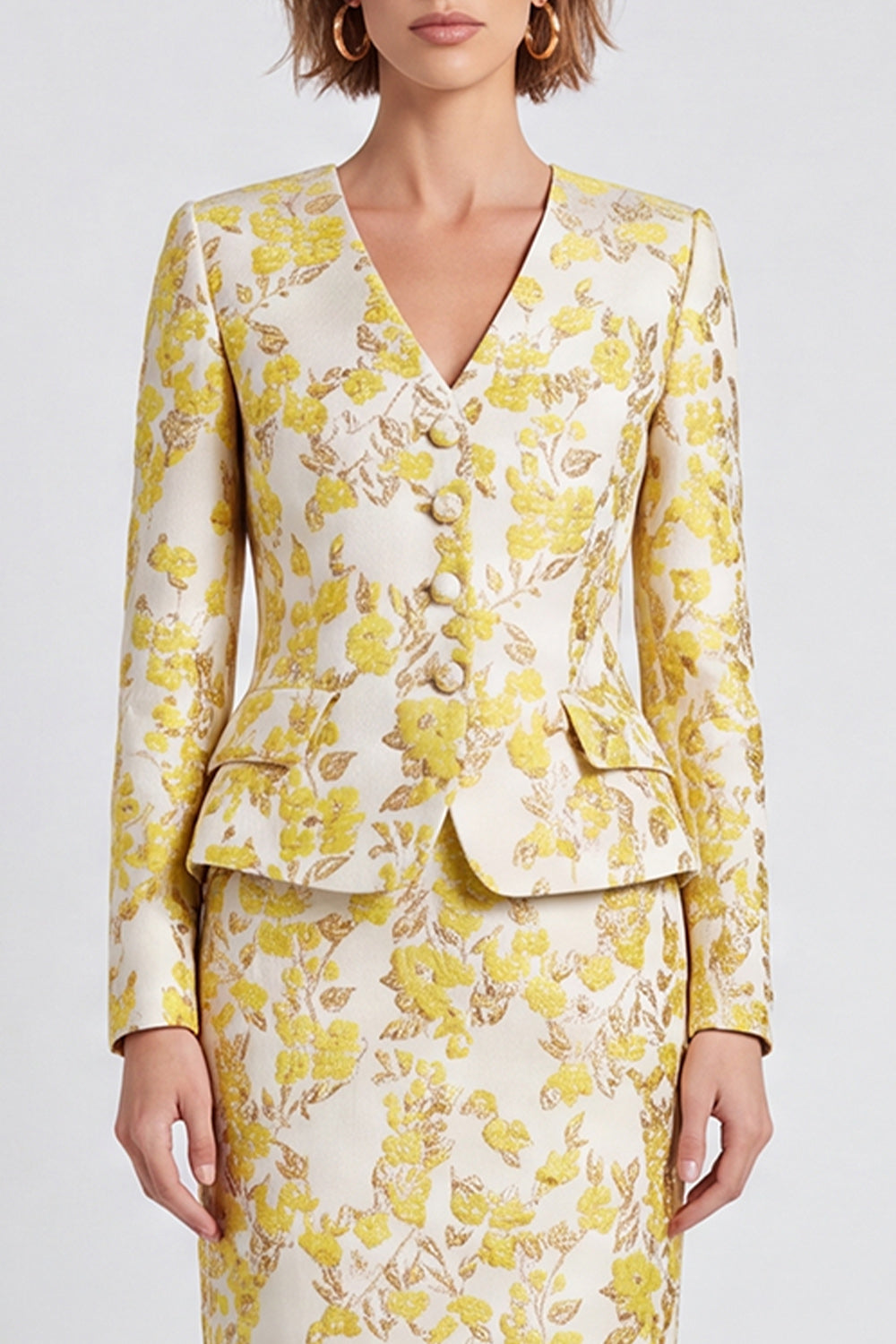 Light Yellow Jacquard Two Piece V-Neck Pencil Midi Women Suits