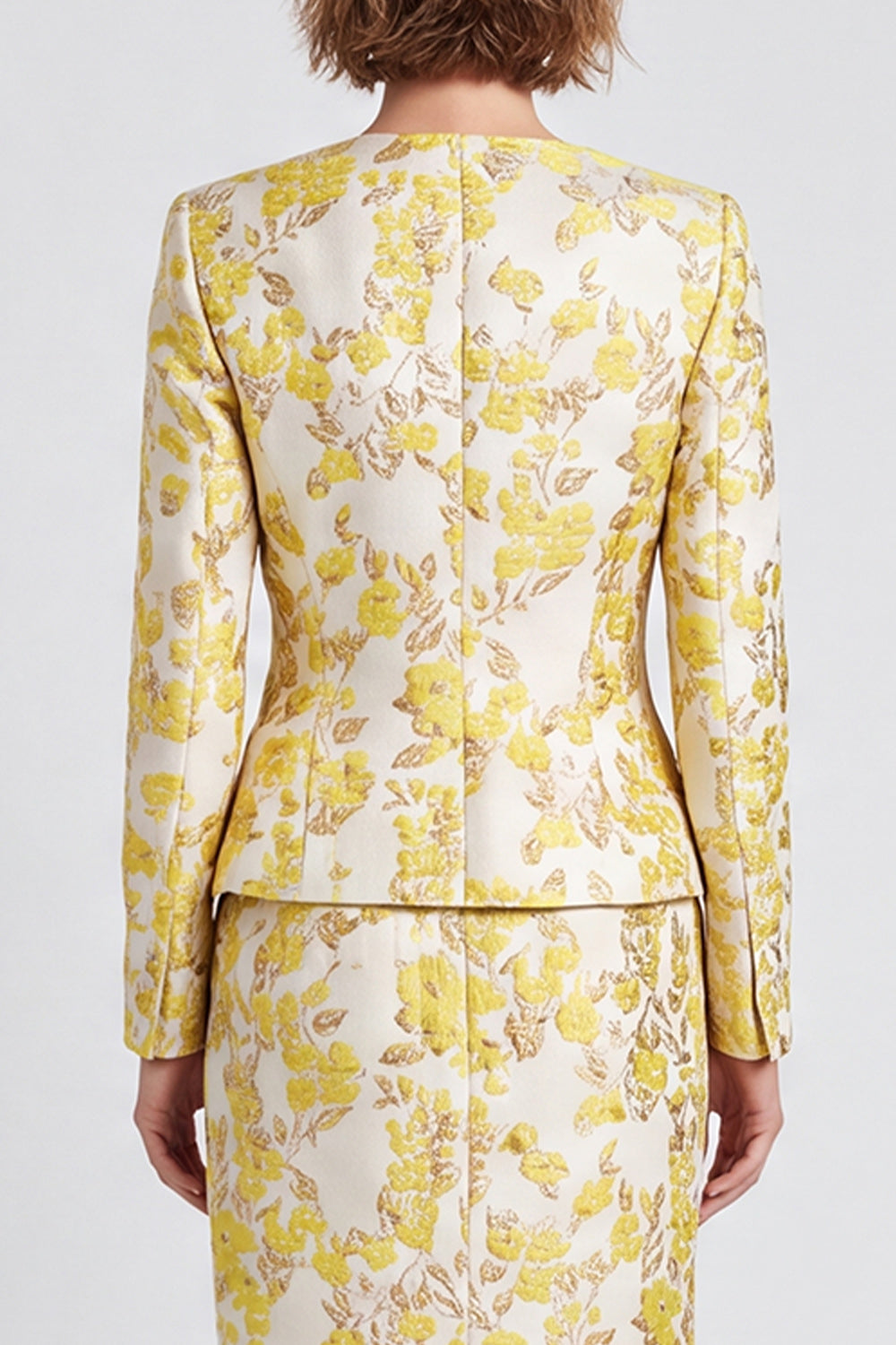 Light Yellow Jacquard Two Piece V-Neck Pencil Midi Women Suits
