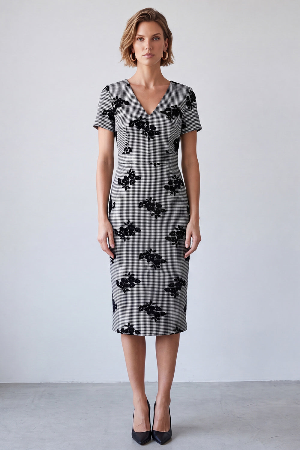 Black and White Plaid Pencil V-Neck Floral Midi Work Dress with Sleeves