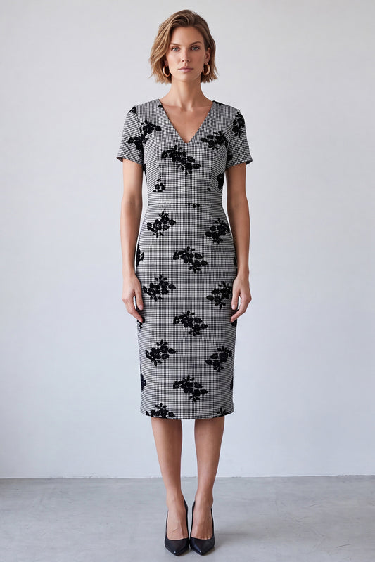 Black and White Plaid Pencil V-Neck Floral Midi Work Dress with Sleeves
