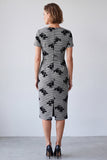 Black and White Plaid Pencil V-Neck Floral Midi Work Dress with Sleeves