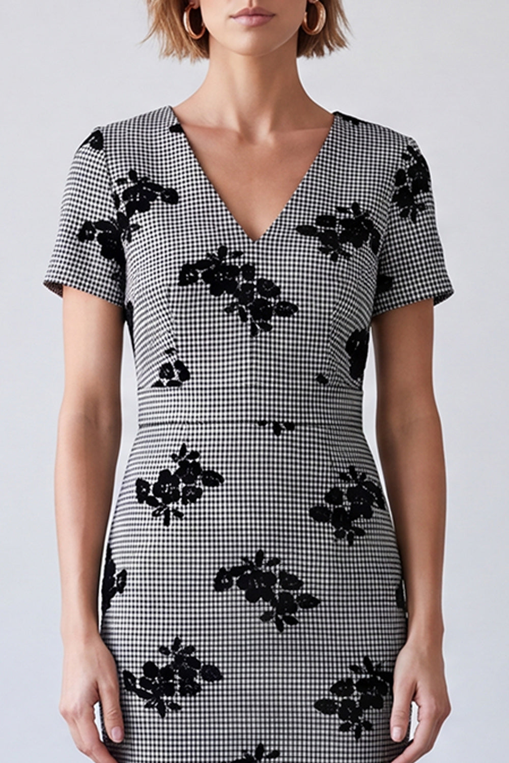 Black and White Plaid Pencil V-Neck Floral Midi Work Dress with Sleeves