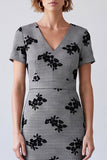 Black and White Plaid Pencil V-Neck Floral Midi Work Dress with Sleeves