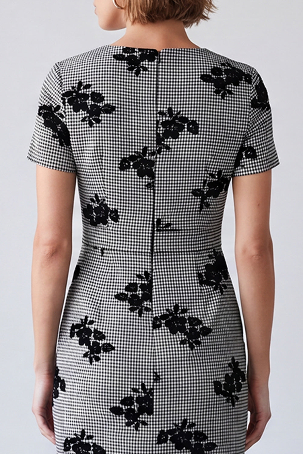 Black and White Plaid Pencil V-Neck Floral Midi Work Dress with Sleeves
