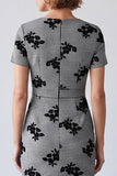 Black and White Plaid Pencil V-Neck Floral Midi Work Dress with Sleeves