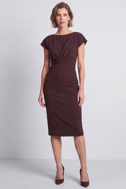 Brown Pencil Boat Neck Ruched Midi Work Dress with Sleeves