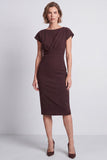 Brown Pencil Boat Neck Ruched Midi Work Dress with Sleeves