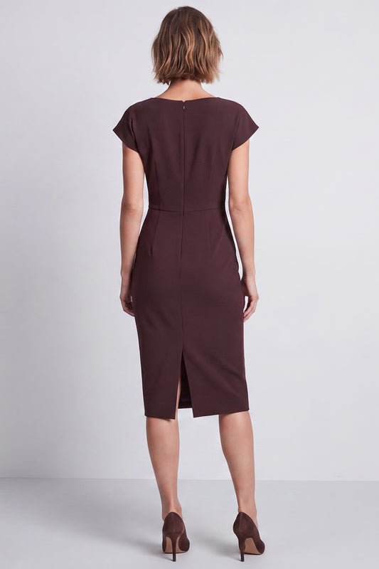 Brown Pencil Boat Neck Ruched Midi Work Dress with Sleeves