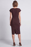 Brown Pencil Boat Neck Ruched Midi Work Dress with Sleeves