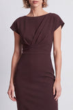 Brown Pencil Boat Neck Ruched Midi Work Dress with Sleeves