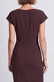 Brown Pencil Boat Neck Ruched Midi Work Dress with Sleeves