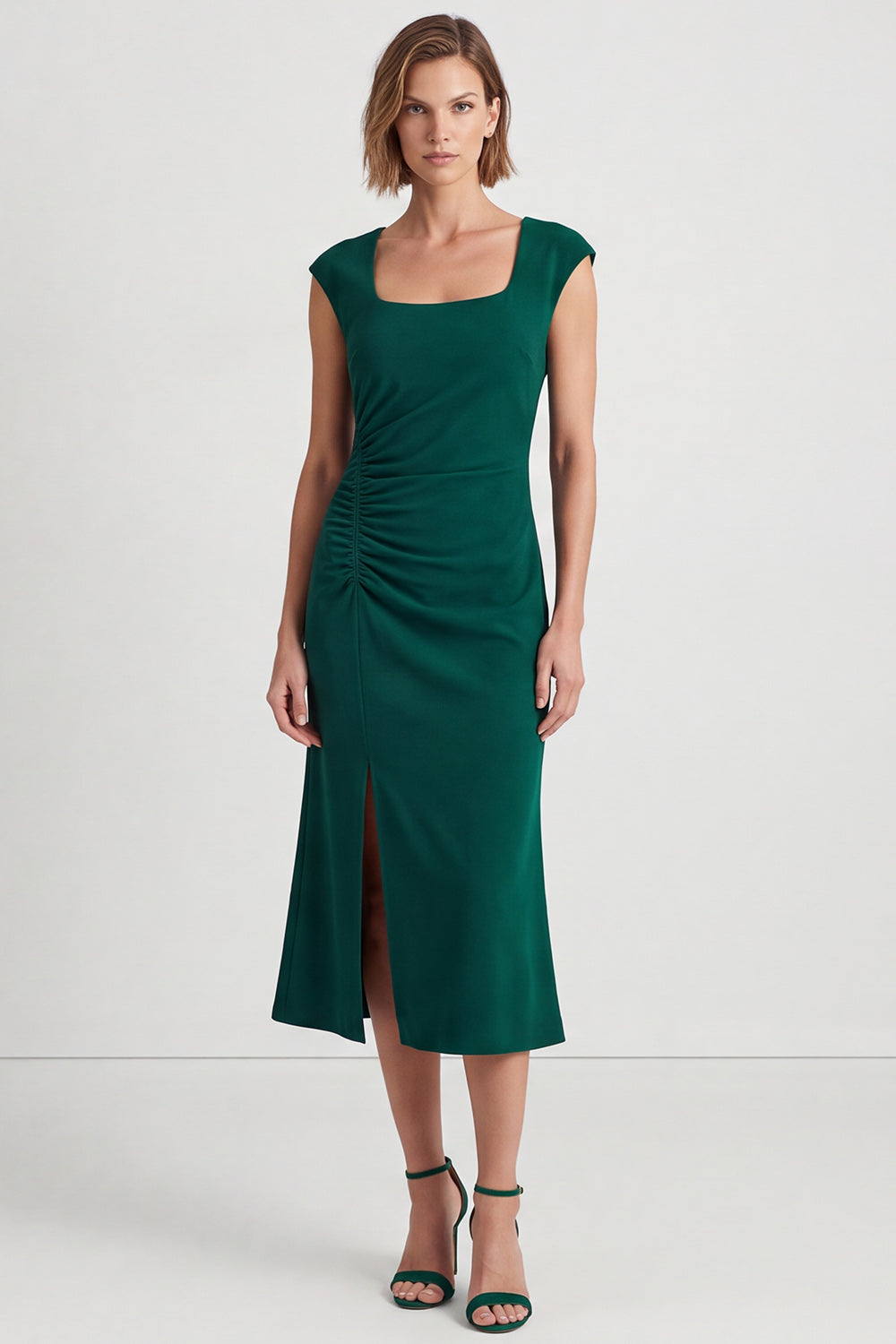 Dark Green Pencil Square Neck Ruched Midi Work Dress with Slit