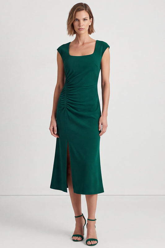 Dark Green Pencil Square Neck Ruched Midi Work Dress with Slit