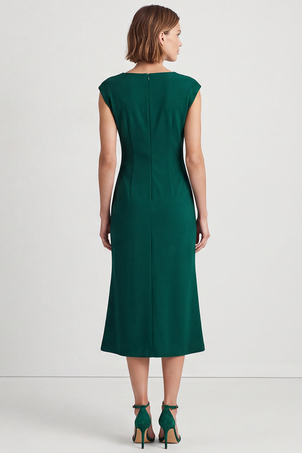 Dark Green Pencil Square Neck Ruched Midi Work Dress with Slit