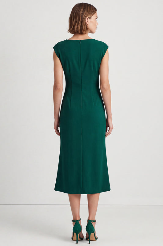 Dark Green Pencil Square Neck Ruched Midi Work Dress with Slit