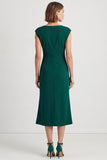 Dark Green Pencil Square Neck Ruched Midi Work Dress with Slit