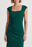 Dark Green Pencil Square Neck Ruched Midi Work Dress with Slit