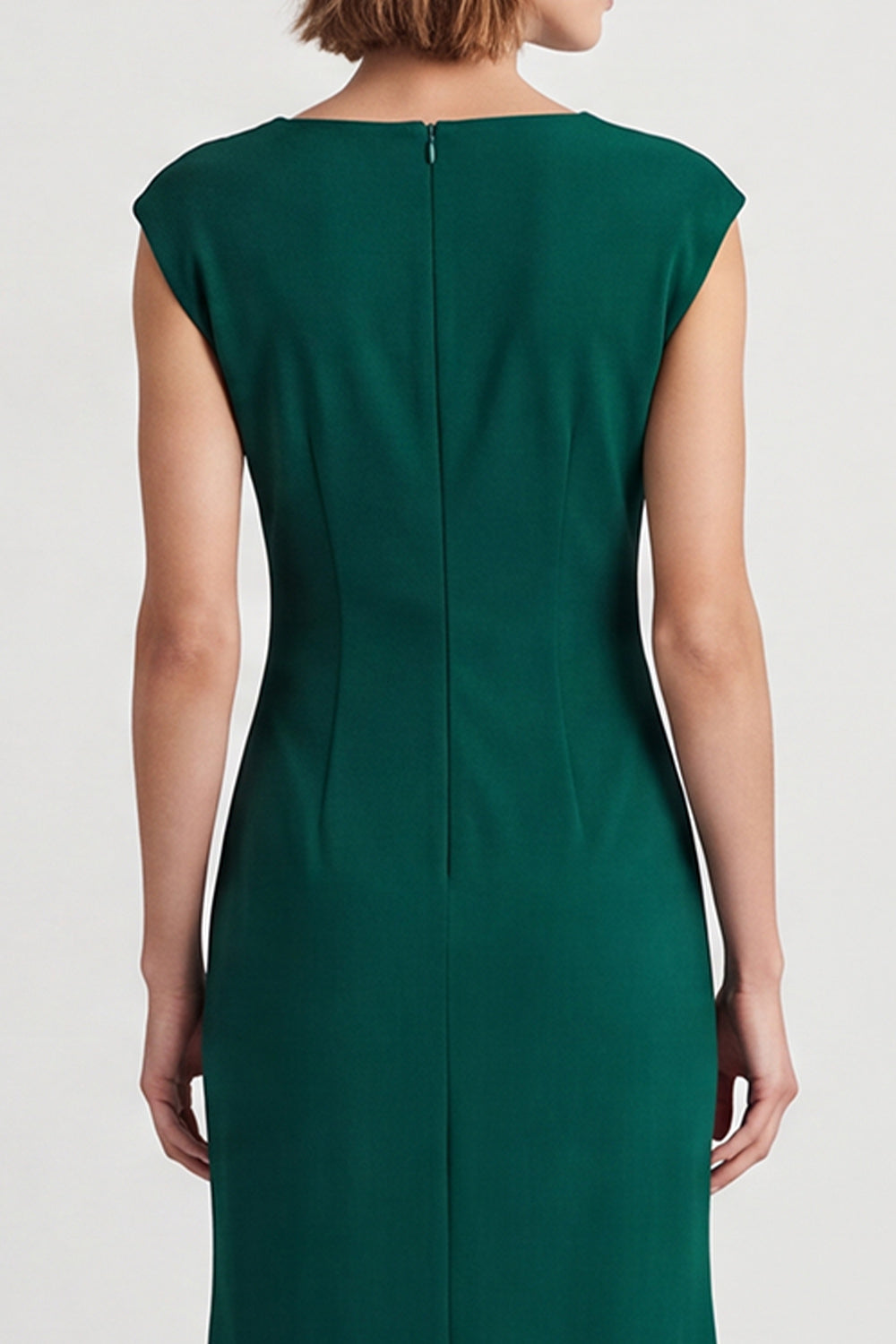 Dark Green Pencil Square Neck Ruched Midi Work Dress with Slit