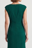 Dark Green Pencil Square Neck Ruched Midi Work Dress with Slit