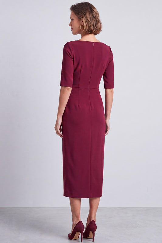 Burgundy Pencil Half Sleeves Square Neck Ruched Midi Work Dress with Slit