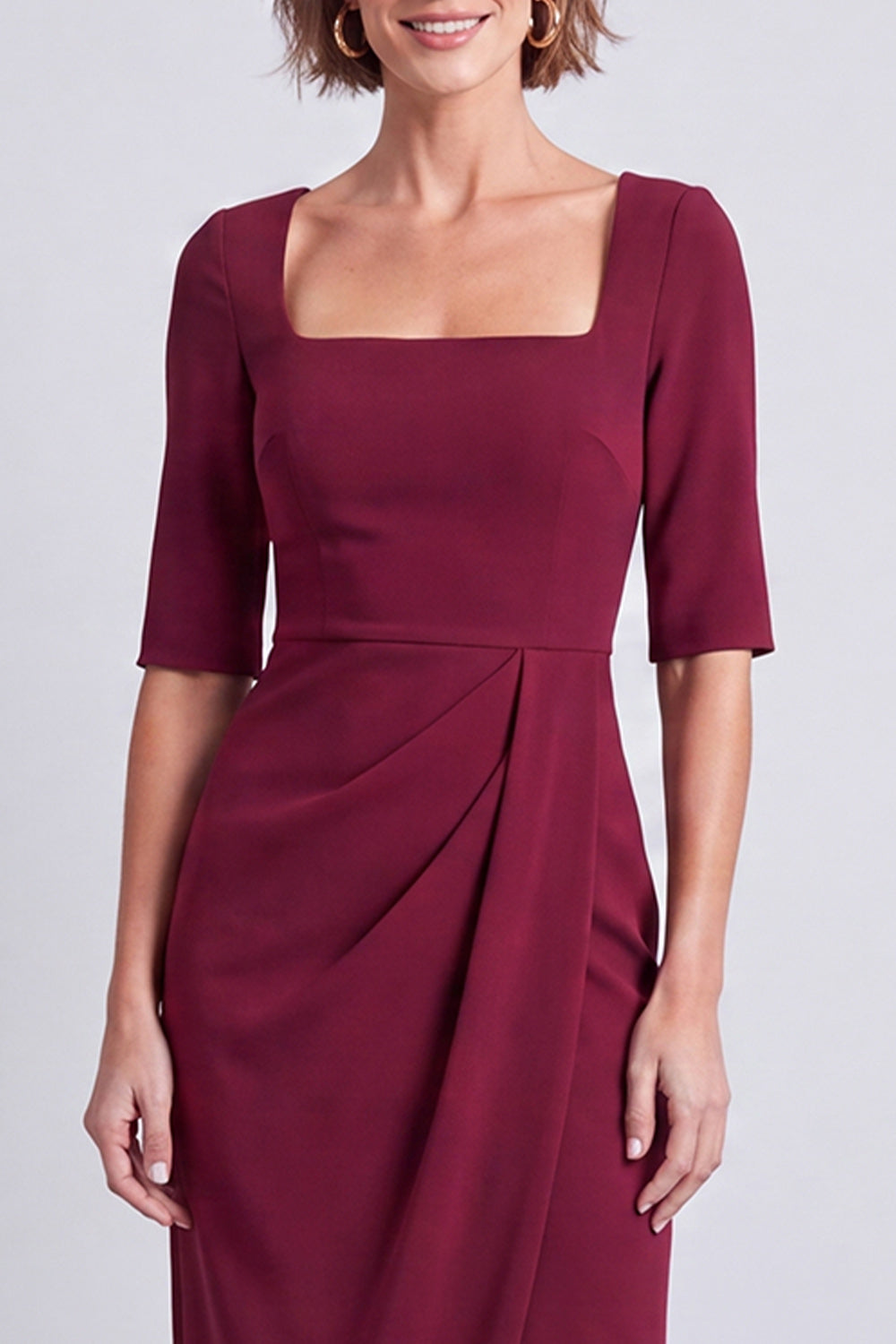 Burgundy Pencil Half Sleeves Square Neck Ruched Midi Work Dress with Slit