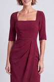 Burgundy Pencil Half Sleeves Square Neck Ruched Midi Work Dress with Slit