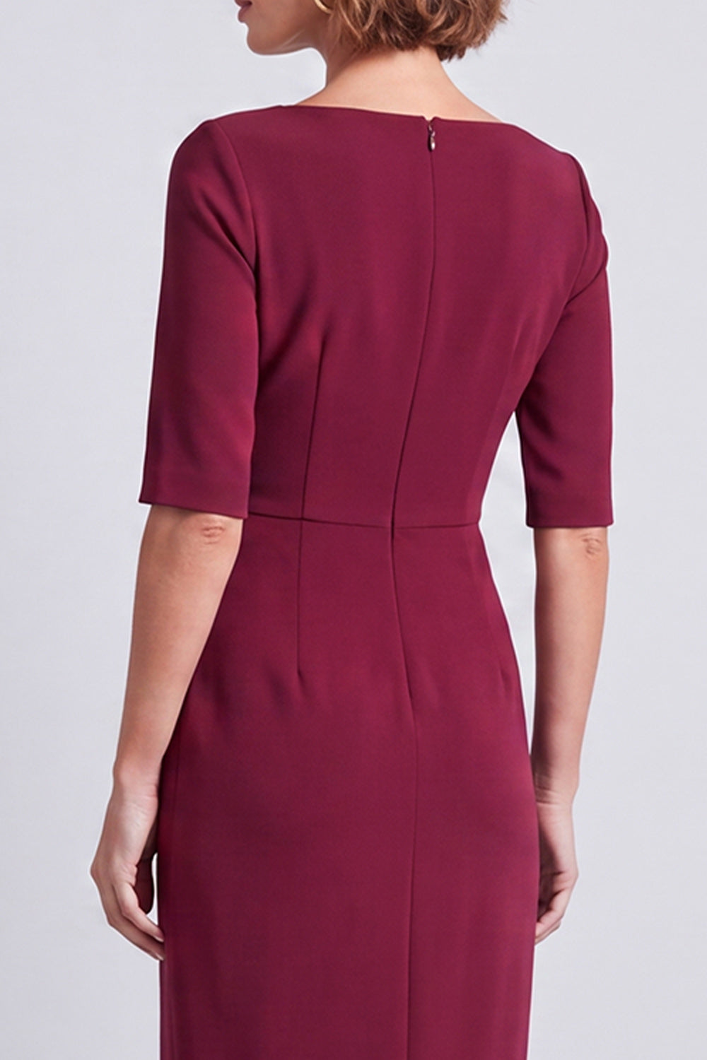 Burgundy Pencil Half Sleeves Square Neck Ruched Midi Work Dress with Slit