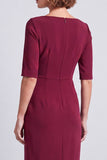 Burgundy Pencil Half Sleeves Square Neck Ruched Midi Work Dress with Slit