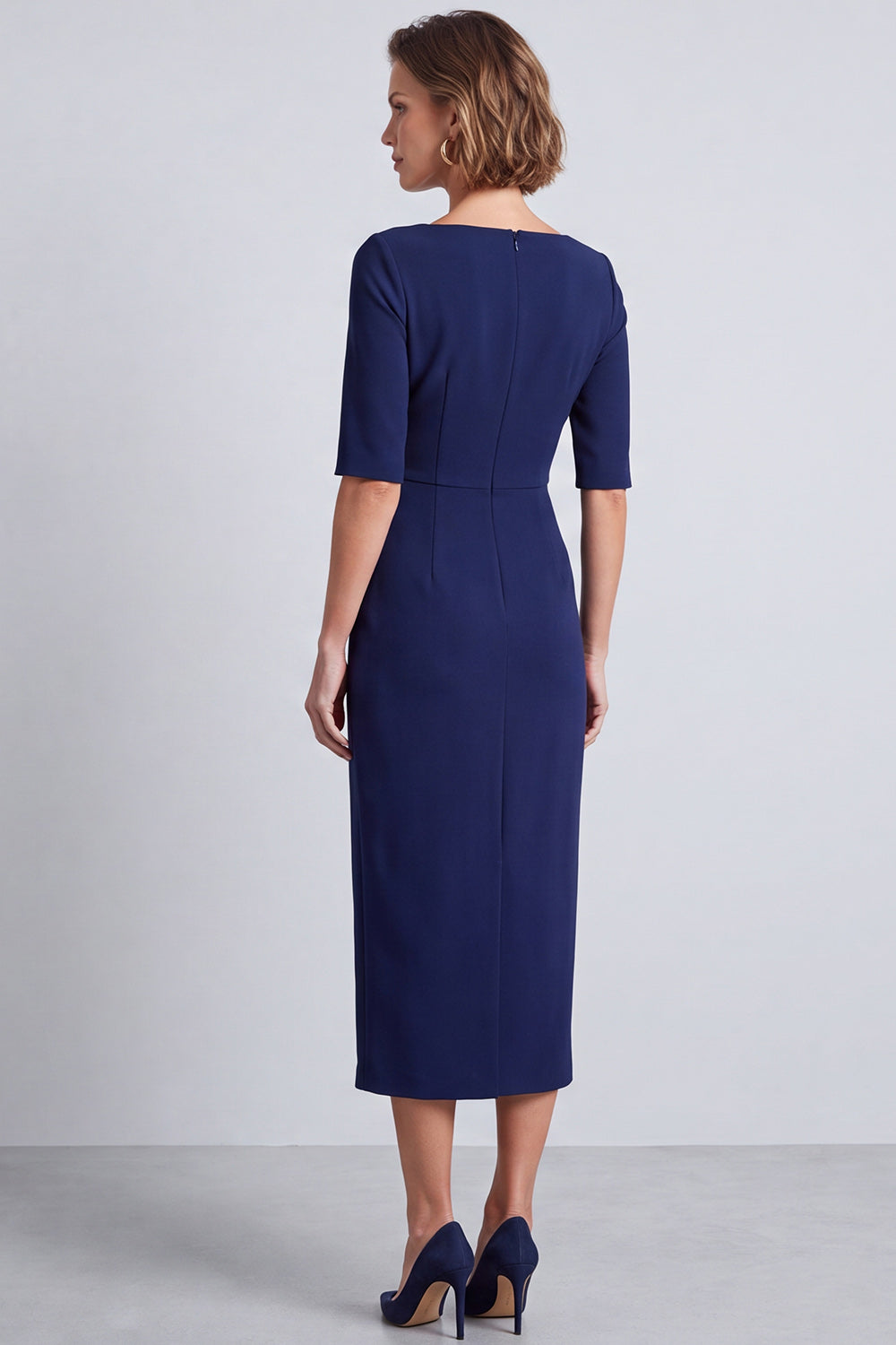 Burgundy Pencil Half Sleeves Square Neck Ruched Midi Work Dress with Slit