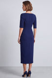 Burgundy Pencil Half Sleeves Square Neck Ruched Midi Work Dress with Slit