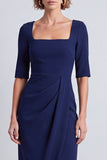 Burgundy Pencil Half Sleeves Square Neck Ruched Midi Work Dress with Slit