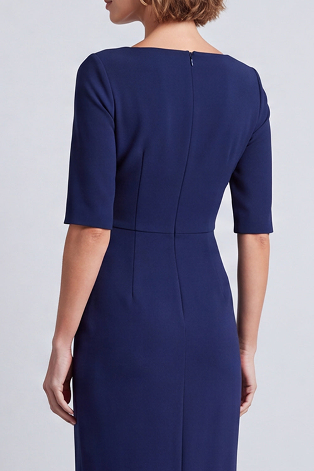 Burgundy Pencil Half Sleeves Square Neck Ruched Midi Work Dress with Slit
