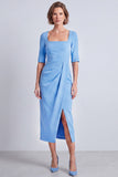 Burgundy Pencil Half Sleeves Square Neck Ruched Midi Work Dress with Slit