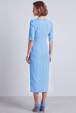Burgundy Pencil Half Sleeves Square Neck Ruched Midi Work Dress with Slit