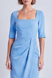 Burgundy Pencil Half Sleeves Square Neck Ruched Midi Work Dress with Slit