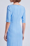 Burgundy Pencil Half Sleeves Square Neck Ruched Midi Work Dress with Slit