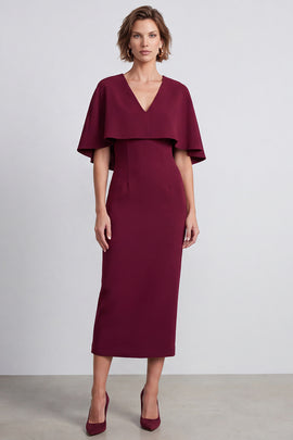 Burgundy Satin Sheath V-Neck Midi Work Dress with Cape