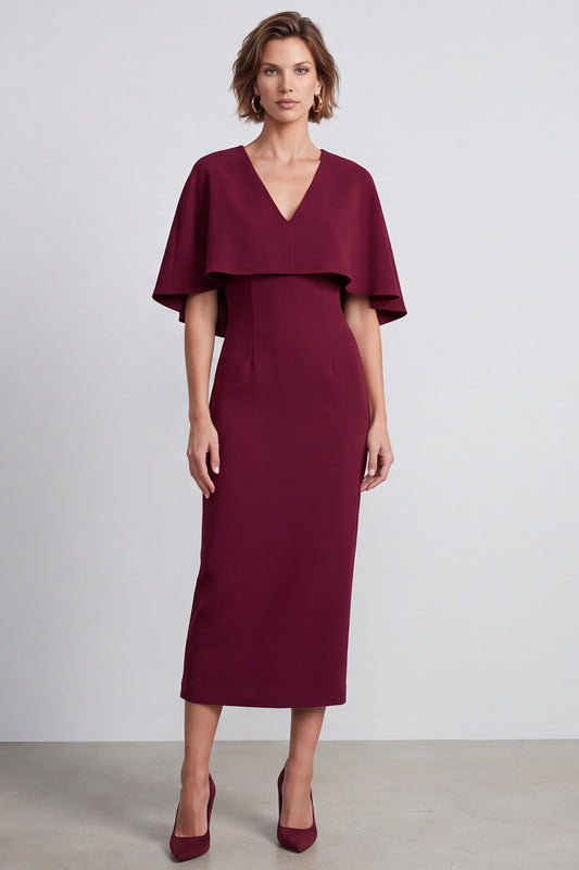 Burgundy Satin Sheath V-Neck Midi Work Dress with Cape