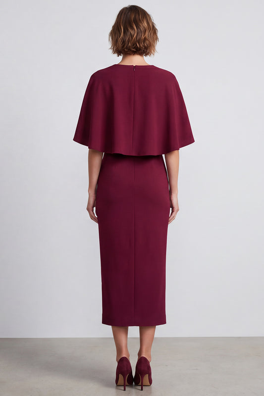 Burgundy Satin Sheath V-Neck Midi Work Dress with Cape