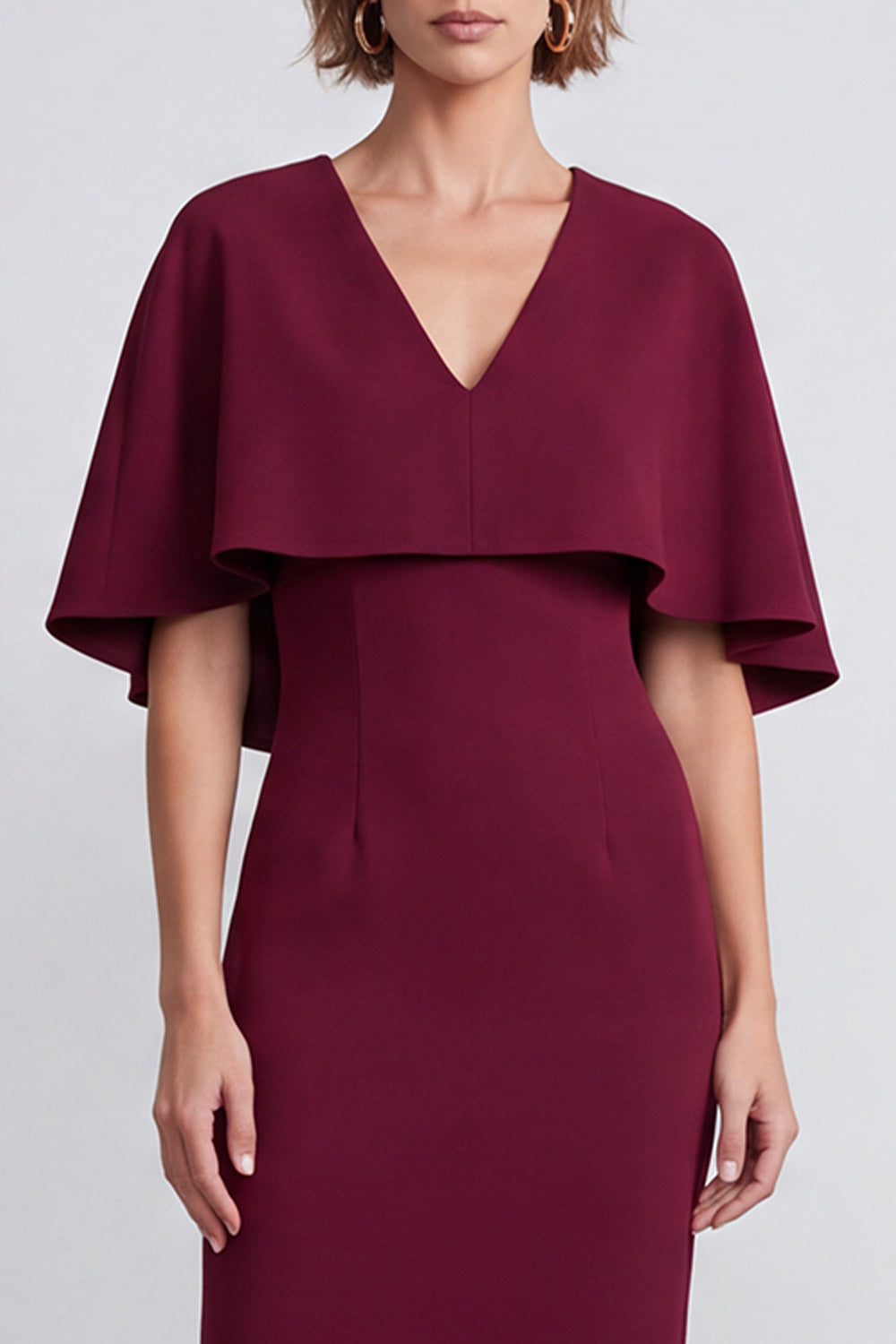 Burgundy Satin Sheath V-Neck Midi Work Dress with Cape