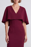 Burgundy Satin Sheath V-Neck Midi Work Dress with Cape