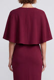 Burgundy Satin Sheath V-Neck Midi Work Dress with Cape