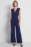 Navy V-Neck Ruched Long Work Jumpsuits